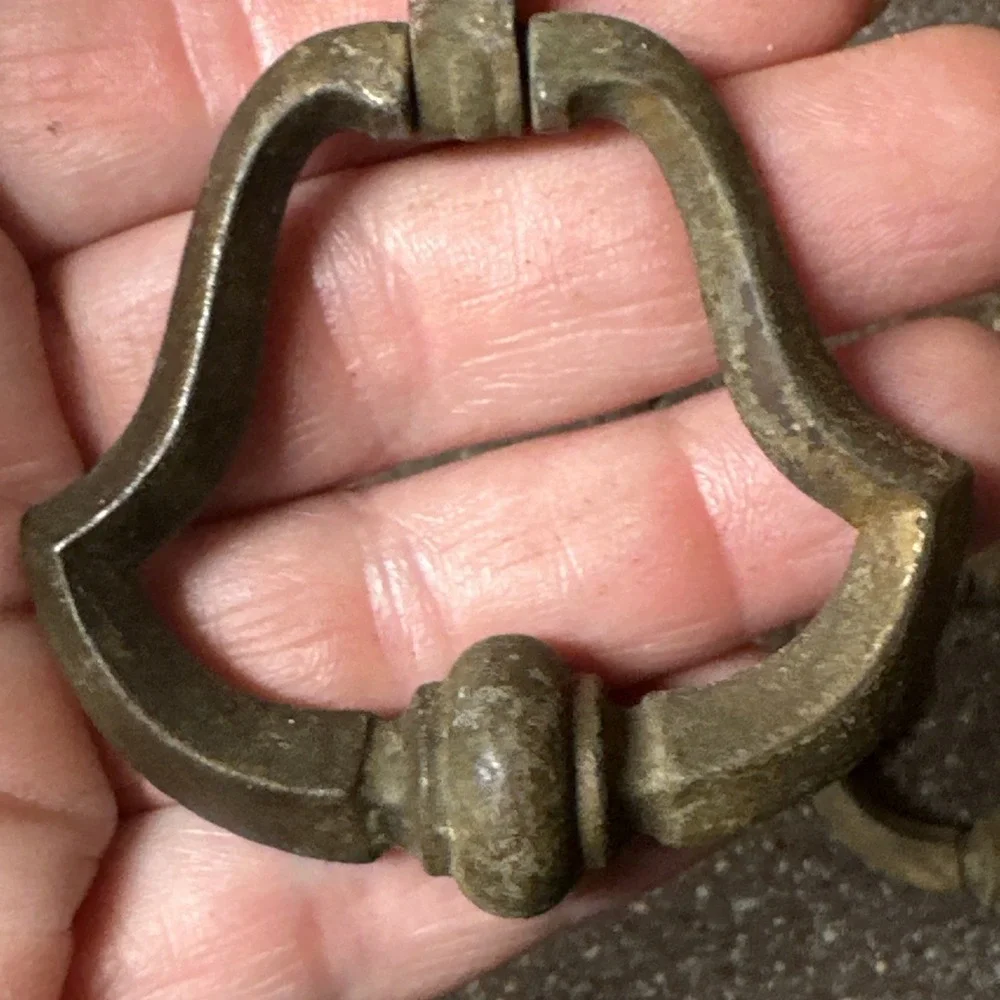 Set 3 VTG Antique Brass Drop Bail Drawer Pulls w Backplates 2.25